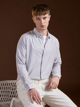 The Bear House - Mens Grey Slim Fit Vertical Stripe Cotton Casual Shirt