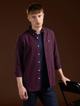 The Bear House - Mens Maroon Slim Fit Solid Cotton Casual Shirt