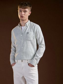 The Bear House - Mens Green Slim Fit Vertical Stripe Cotton Casual Shirt