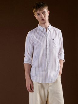 The Bear House - Mens White Slim Fit Cotton Striped Casual Shirt
