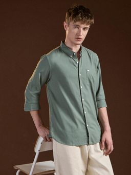 The Bear House - Mens Green Slim Fit Solid Cotton Casual Shirt