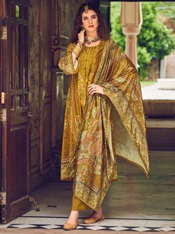 Stylee LIFESTYLE - Mustard Velvet Digital Printed Dress Material (Set of 3)