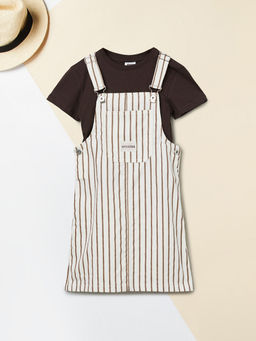max - Girls Striped Dungaree Dress With T-Shirt