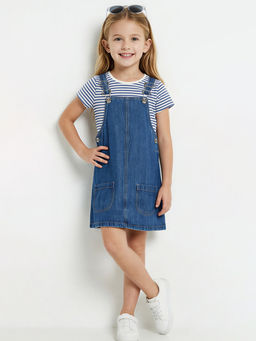 max - Girls Denim Pinafore Dress With T-Shirt