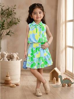 TINY BABY - Nylon Viscose Woven Sleeveless Floral Printed Top and Skirt