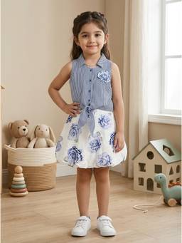 TINY BABY - Synthetic Woven Sleeveless Floral Printed Top and Skirt