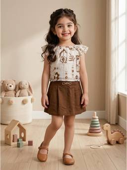 TINY BABY - Nylon Viscose Woven Cap Sleeves Floral Printed Top and Skirt