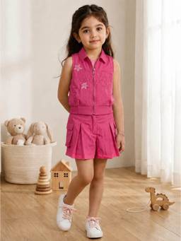 TINY BABY - Nylon Viscose Woven Sleeveless Floral Printed Top and Short with Jacket