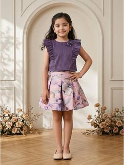TINY BABY - Satin Woven Sleeveless Floral Printed Top and Skirt
