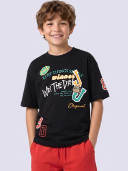 Jack & Jones Junior - Boys Black Printed Cotton T-shirt