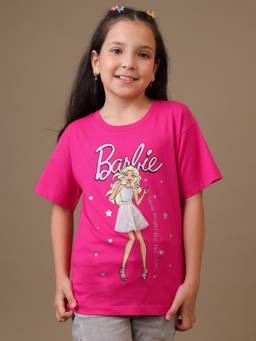 Kidsville - Official Barbie Girls Glitter Graphic Printed Pure Cotton T-shirt