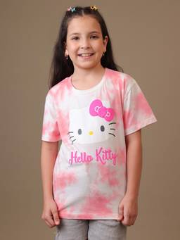 Kidsville - Official Hello Kitty Girls Tie Dye Puff Graphic Printed Pure Cotton T-shirt