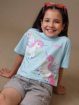 Kidsville - Girls Unicorn Glitter Graphic Printed Pure Cotton Boxy Crop T-shirt