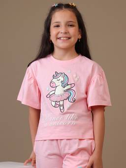 Kidsville - Girls Unicorn Puff Graphic Printed Pure Cotton Relaxed T-shirt