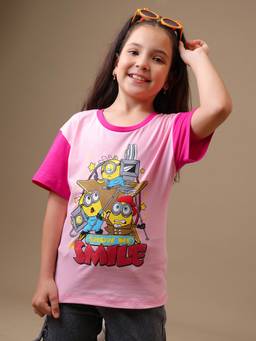 Kidsville - Official Minions Girls Graphic Printed Pure Cotton Colour Block T-shirt