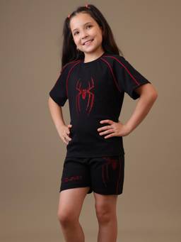 Kidsville - Official Marvel Spider-Man Rhinestone Black Cotton Girls T-Shirt and Shorts