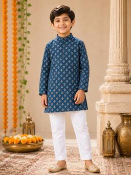 AWW HUNNIE - Viscose Rayon Fabric Full Sleeves Ethnic Kurta with Pajama - Blue