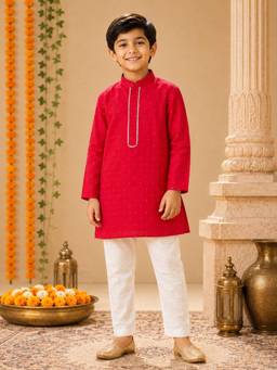 AWW HUNNIE - Silk Blend Fabric Full Sleeves Ethnic Kurta with Pajama - Pink