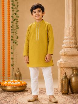 AWW HUNNIE - Silk Blend Fabric Full Sleeves Ethnic Kurta with Pajama - Mustard