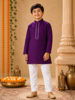 AWW HUNNIE - Silk Blend Fabric Full Sleeves Ethnic Kurta with Pajama - Purple