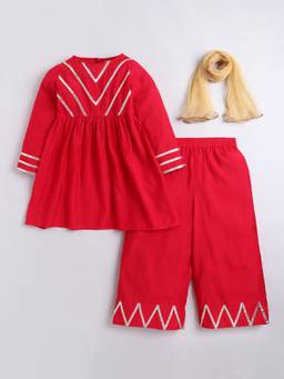 AWW HUNNIE - Silk Blend Fabric Full Sleeves Ethnic Kurta With Palazzo and Dupatta - Red
