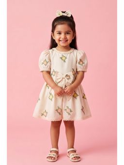 TINY GIRL - Cotton Puff Sleeves Floral Embroidered Detail Dress- Off White