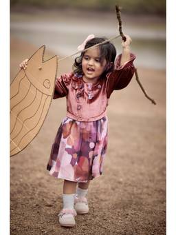 TINY GIRL - Full Sleeves Floral Printed Dress- Onion Pink