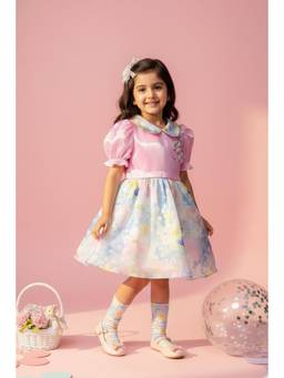 TINY GIRL - Puff Sleeves Floral Printed Dress- Pink