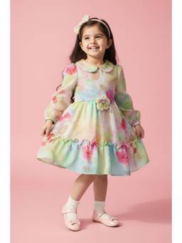 TINY GIRL - Full Sleeves Floral Printed Dress- Multi-Color