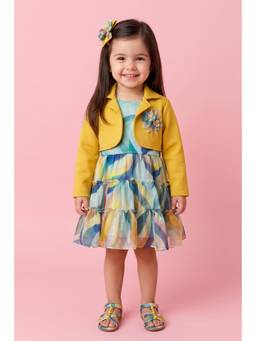 TINY GIRL - Sleeveless Printed Dress Corsage detail Jacket- Mustard