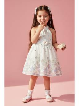 TINY GIRL - Sleeveless floral Embroidered detail Dress- White