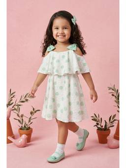 TINY GIRL - Cold Shoulder Polka Dot printed Bow Detail Dress- Sea Green