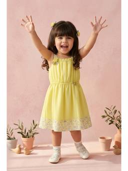 TINY GIRL - Sleeveless floral lace Detail Solid Dress- Yellow