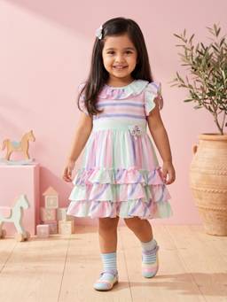 TINY GIRL - Cotton Sleeveless Stripe printed Dress- Pink