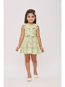 TINY GIRL - Cotton Floral Embroidered Solid Dress- Green