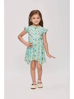TINY GIRL - Cap Sleeves Printed Dress- Liril Green