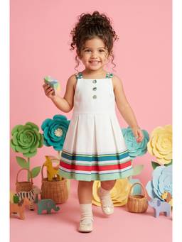 TINY GIRL - Sleeveless Stripe Print Detail Dress- White
