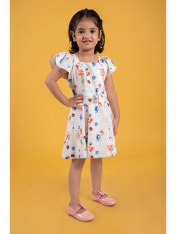 TINY GIRL - Flared Sleeves Floral Printed Dress- White