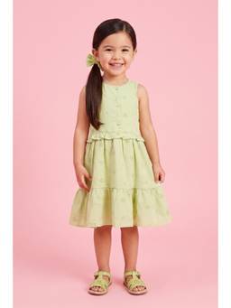 TINY GIRL - Sleeveless Floral Embroidered Dress- Pista Green