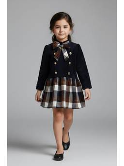 TINY GIRL - Full Sleeves Checks Printed Bow Detail Dress- Navy Blue