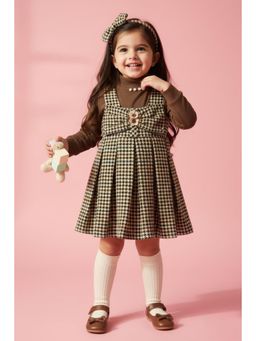 TINY GIRL - Full Sleeves Full Sleeves Solid Top and Checks Detail Dress- Brown