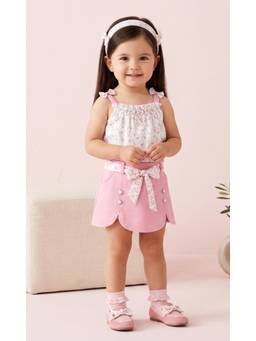 TINY GIRL - Sleeveless Floral Printed Top and Skirt- Pink