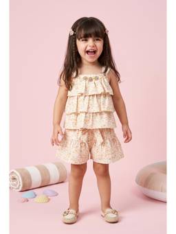 TINY GIRL - Sleeveless Floral Printed Top and Shorts- Yellow