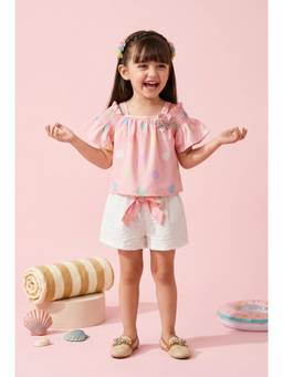 TINY GIRL - Flared Sleeves Polka Dot Printed Top and Solid Shorts- Peach