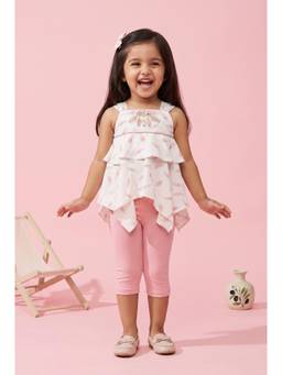 TINY GIRL - Sleeveless Printed Top and Solid Pant Set- Baby Pink
