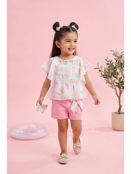 TINY GIRL - Flared Flutter Sleeves Floral Printed Top and Shorts-Pink