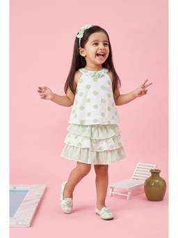 TINY GIRL - Sleeveless Polka dot Printed Dress Top and Skirt- Green