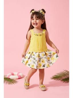TINY GIRL - Flutter Sleeves Solid Top and Floral Printed Skirt- Mustard