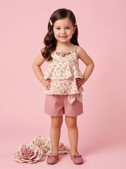 TINY GIRL - Sleeveless Floral Printed Layered Top and Solid Shorts- Peach