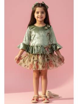 TINY GIRL - Three Fourth Sleeves Corsage Top and Floral Printed Skirt- Green